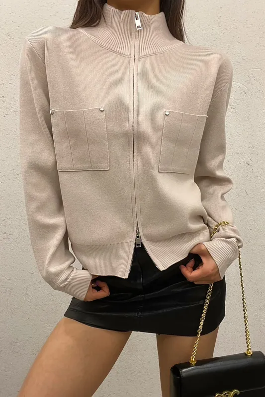 Ayden Stone Ribbed Knit Zip Up Sweater sold by Va Va Voom