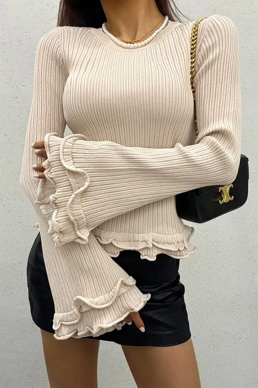 Vaeda Stone Ribbed Knit Frill Top sold by Vavavoom