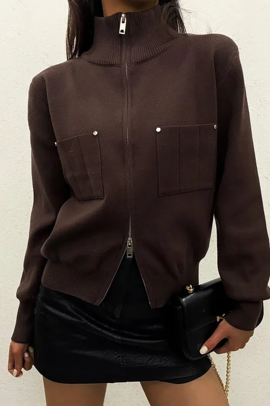Ayden Chocolate Ribbed Knit Zip Up Sweater sold by Va Va Voom