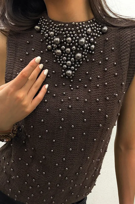 Giovanna Chocolate Knit Pearl Embellished Tank Top sold by Va Va Voom