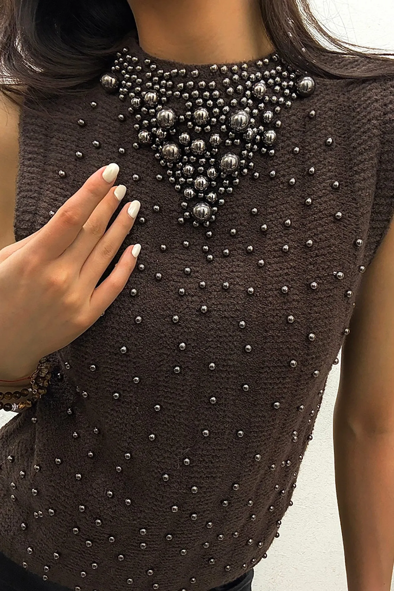 Giovanna Chocolate Knit Pearl Embellished Tank Top sold by Va Va Voom