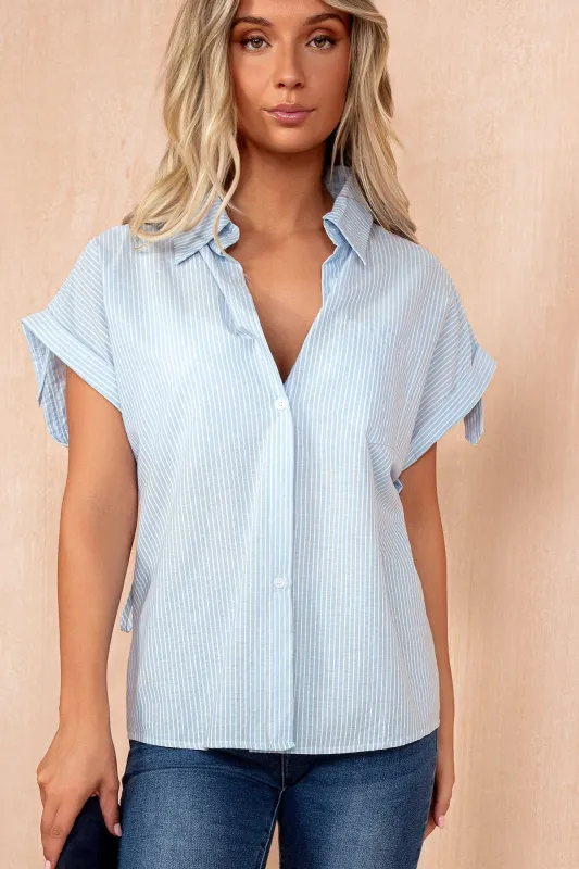 Nevaeh Blue Cotton Pinstripe Shirt sold by Va Va Voom