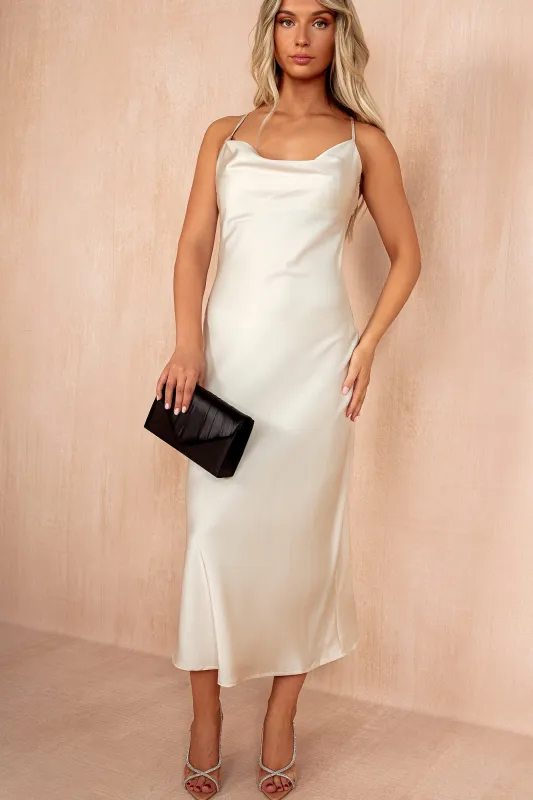 Orla Cream Satin Cowl Neck Maxi Dress sold by Va Va Voom