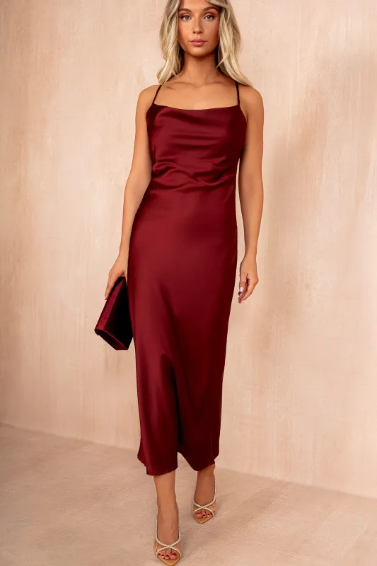 Orla Burgundy Satin Cowl Neck Maxi Dress sold by Va Va Voom
