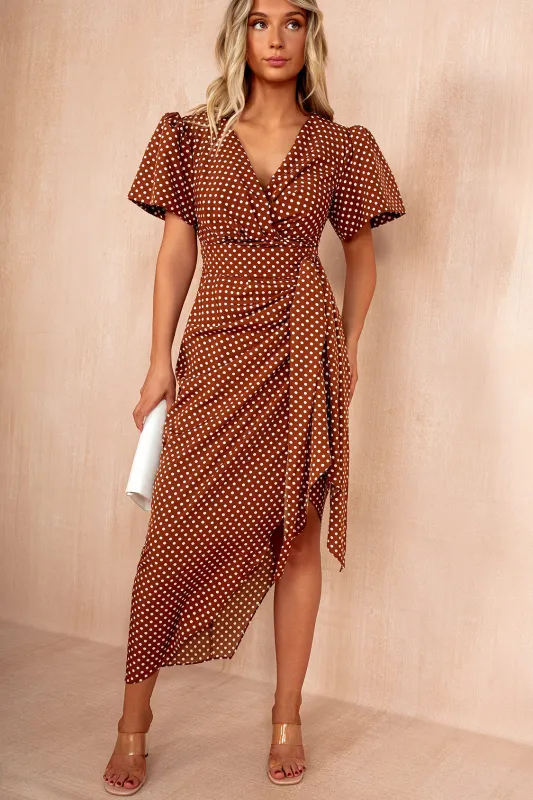 Drew Brown Spot Satin Wrap Midi Dress sold by Va Va Voom