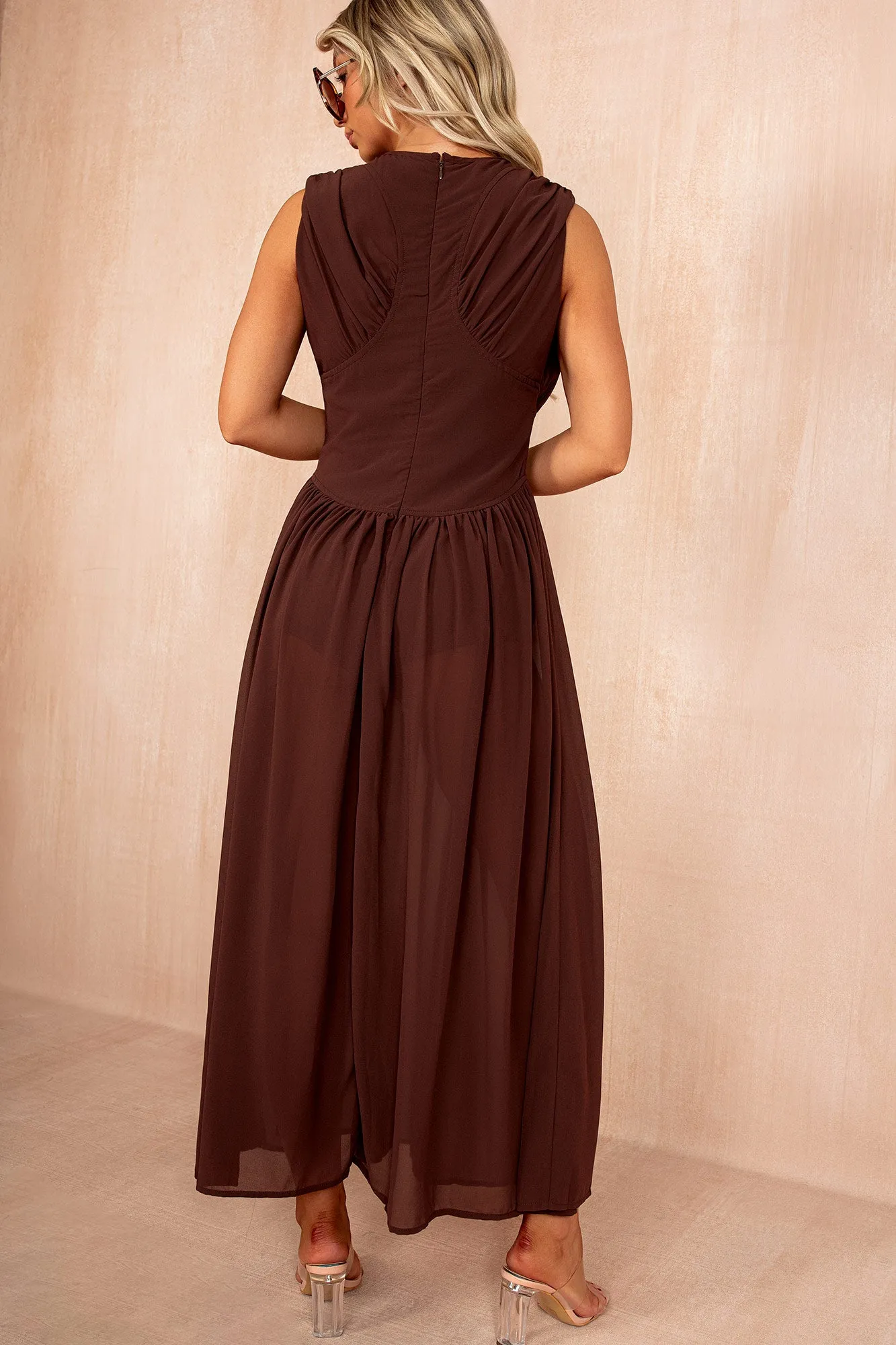 Giada Chocolate Chiffon Pleated Maxi Dress sold by Vavavoom product image thumbnail 4