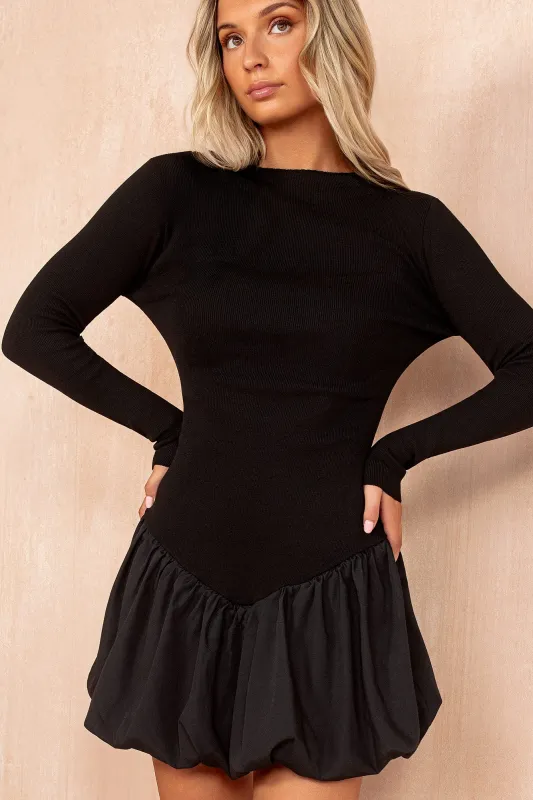 Kaliyah Black Rib Knit Puffball Dress sold by Va Va Voom