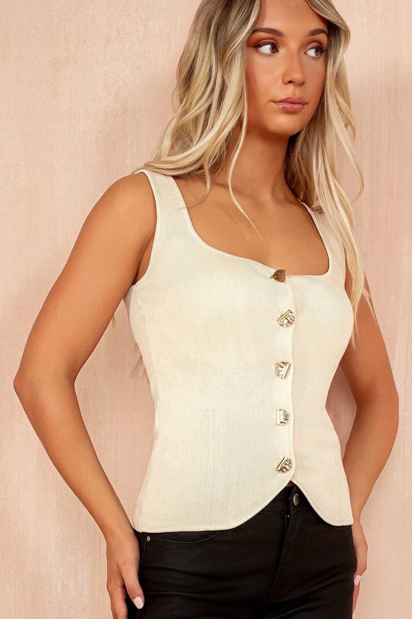 Belen Stone Knit Button Front Top sold by Va Va Voom