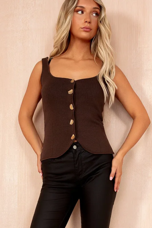 Belen Chocolate Knit Button Front Top sold by Va Va Voom