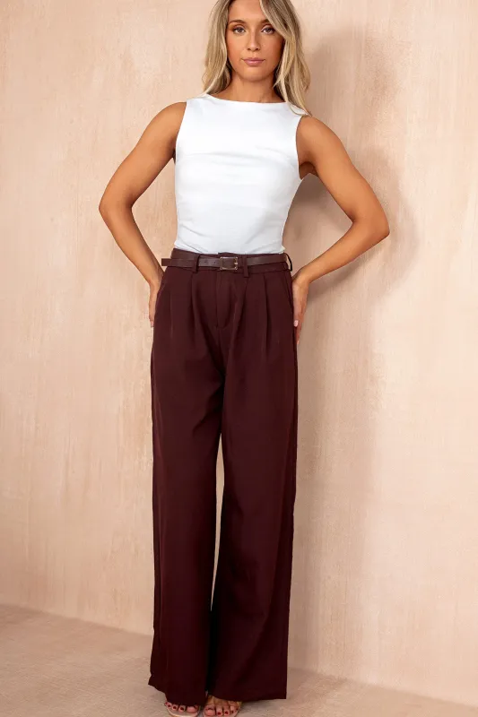 Nadine Burgundy Belted Wide Leg Trousers sold by Va Va Voom