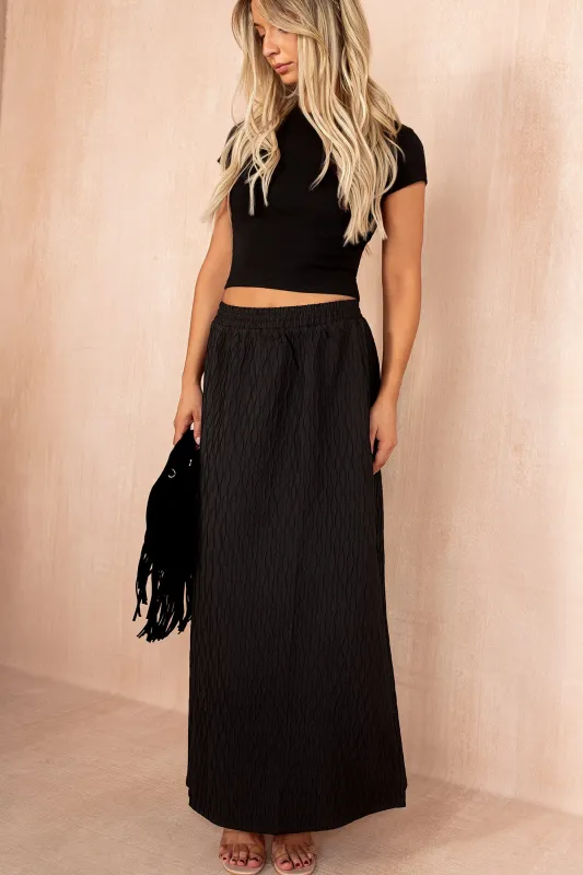 Pia Black Textured Maxi Skirt sold by Va Va Voom