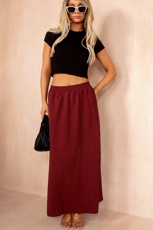 Pia Wine Textured Maxi Skirt sold by Va Va Voom
