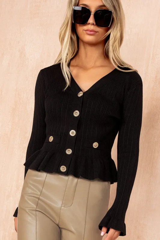Emerson Black Ribbed Knit Frill Top sold by Va Va Voom