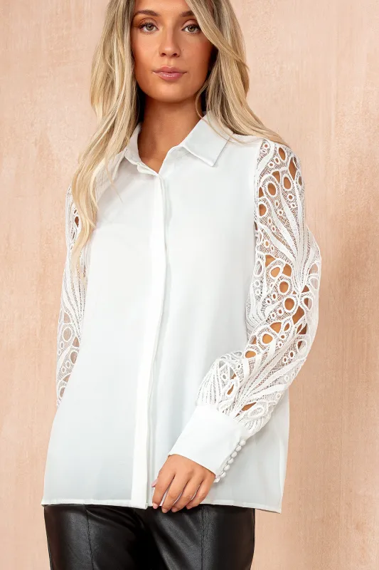 Kacie White Embroidered Sleeve Shirt sold by Va Va Voom
