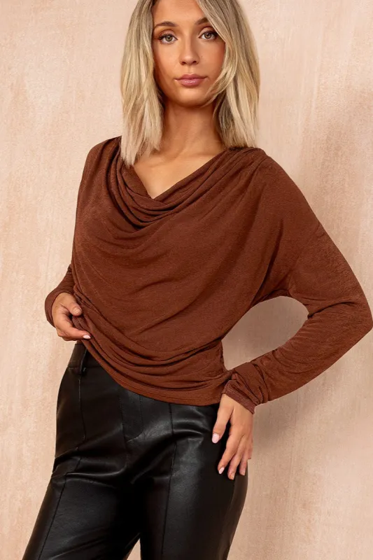 Orlena Chocolate Slinky Cowl Neck Top sold by Va Va Voom