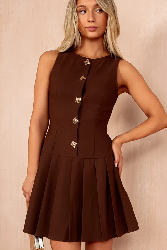 Penelope Chocolate Tailored Pleated Dress sold by Va Va Voom