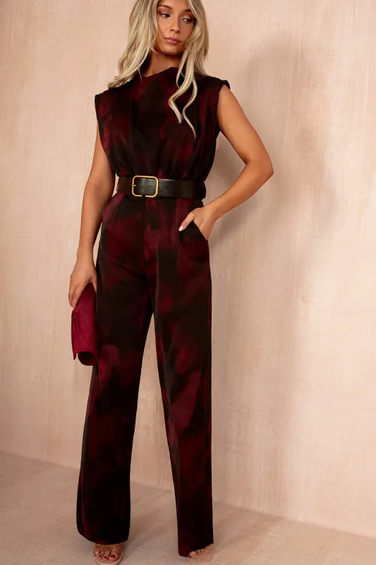Juliet Plum Printed Belted Jumpsuit sold by Va Va Voom