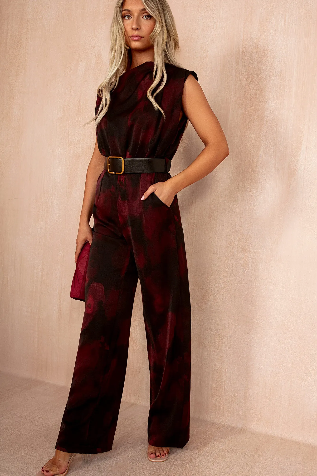 Juliet Plum Printed Belted Jumpsuit sold by Va Va Voom product image thumbnail 2