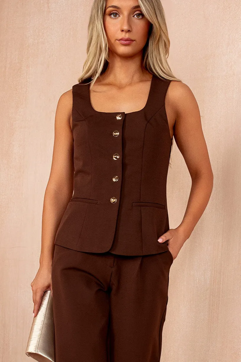 Jamie Chocolate Square Neck Waistcoat sold by Vavavoom