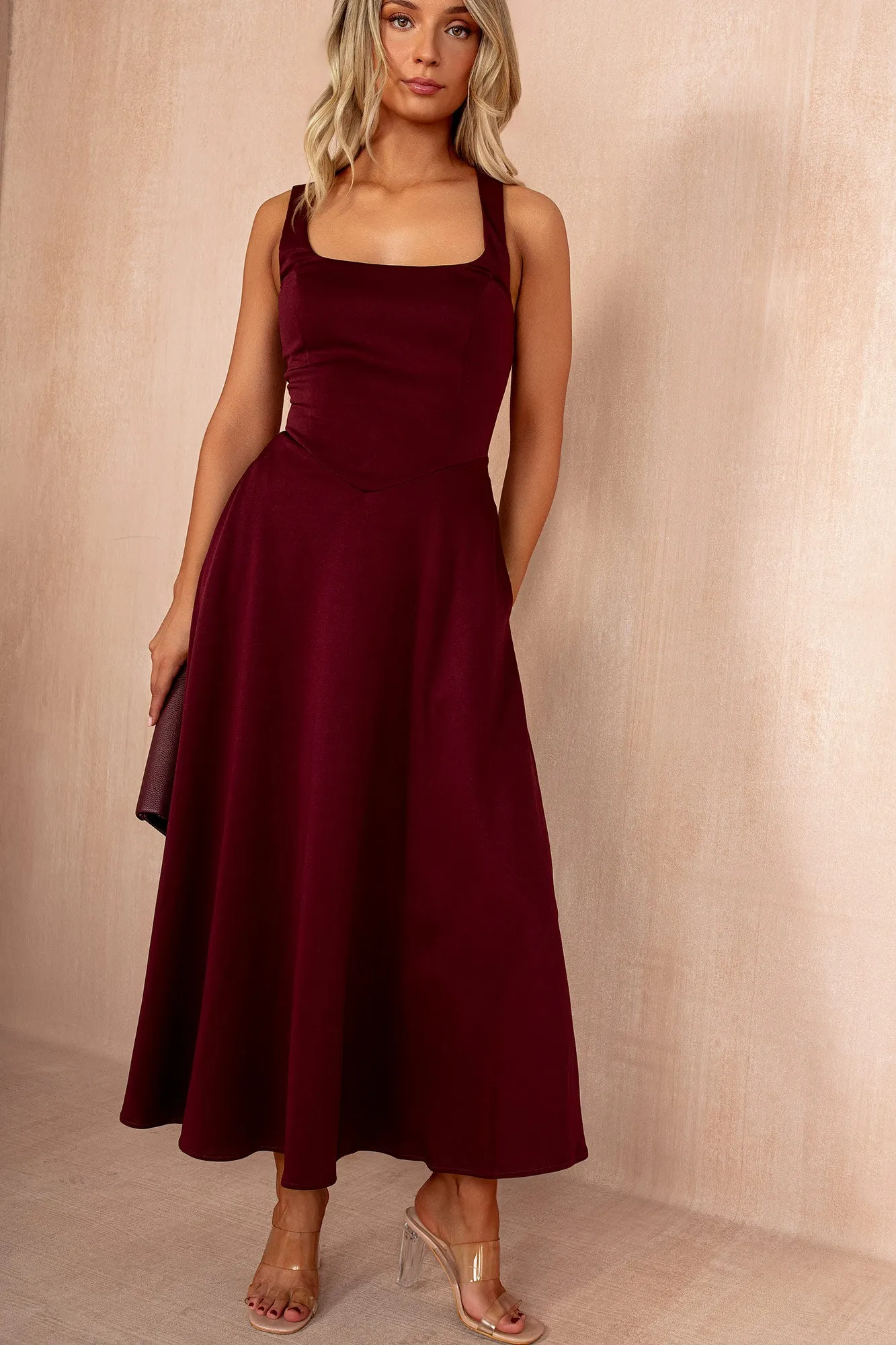 AX Paris Henley Burgundy Square Neck Midi Dress sold by Va Va Voom product image thumbnail 2