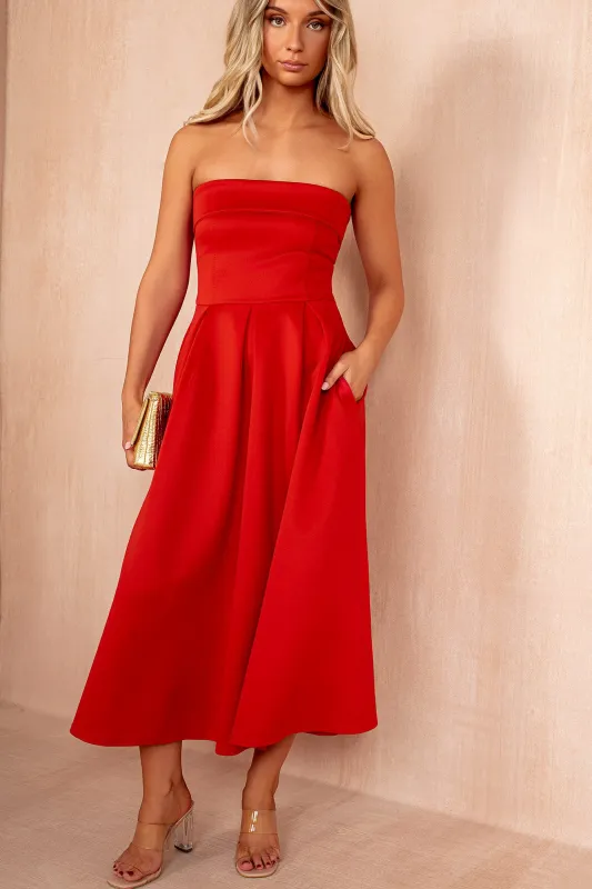 Danni Red Bandeau Pleated Midi Dress sold by Vavavoom