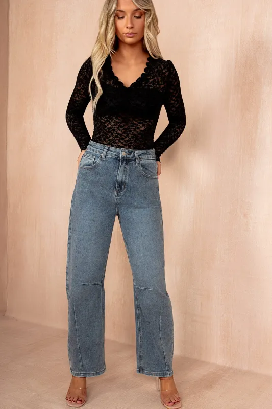 Bevin Blue Denim Barrel Jeans sold by Va Va Voom