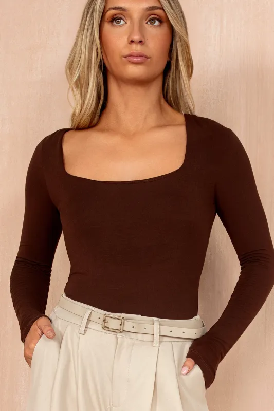 Lara Chocolate Square Neck Bodysuit sold by Va Va Voom