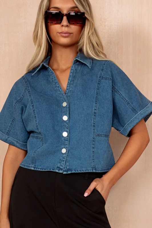 Dawn Blue Denim Cropped Shirt sold by Va Va Voom