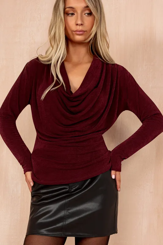 Orlena Burgundy Slinky Cowl Neck Top sold by Va Va Voom