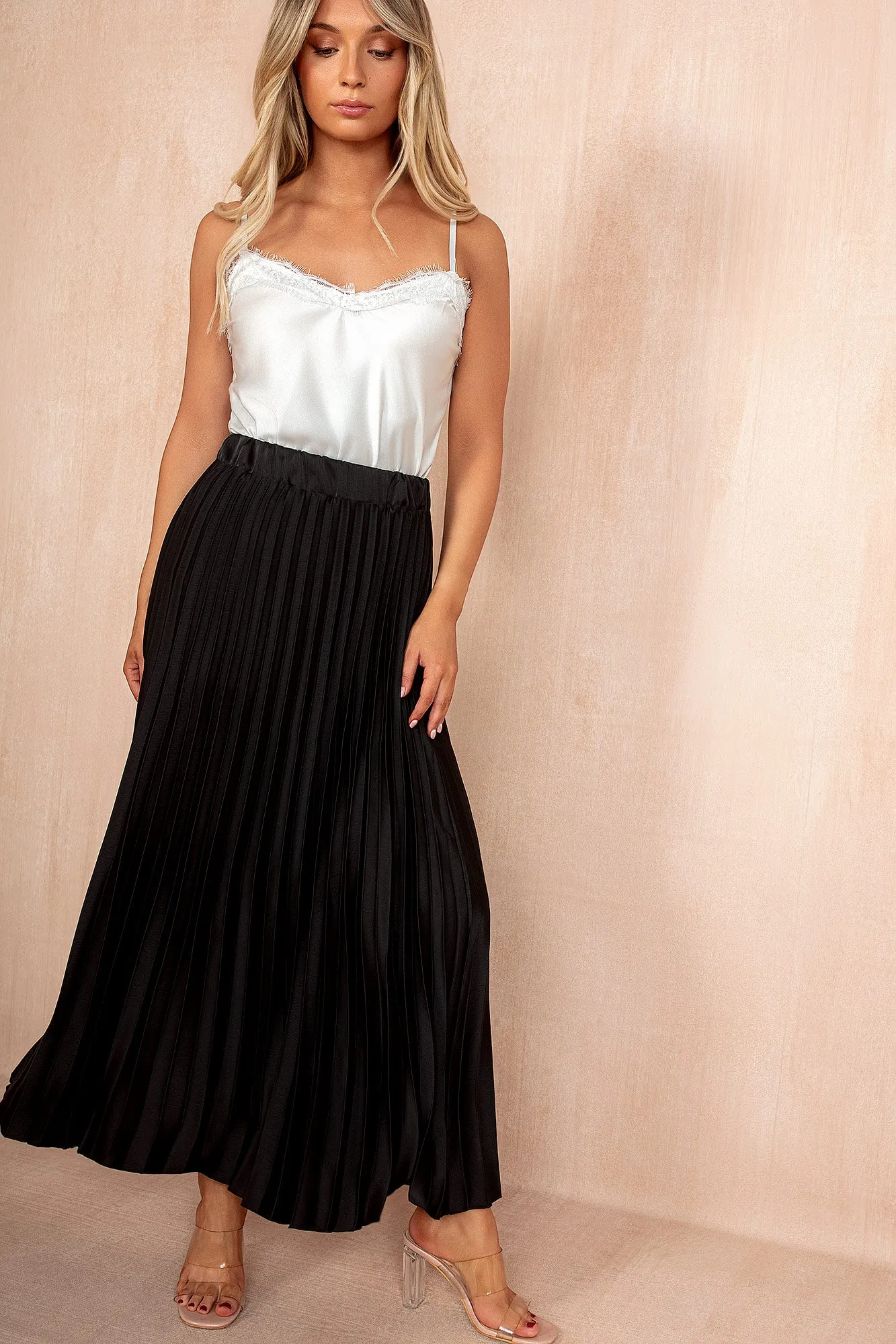 Eliza Black Satin Pleated Midi Skirt sold by Vavavoom