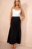 Eliza Black Satin Pleated Midi Skirt sold by Va Va Voom