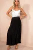 Eliza Black Satin Pleated Midi Skirt sold by Va Va Voom