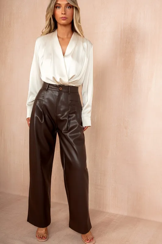Meridith Chocolate Faux Leather Wide Leg Trousers sold by Va Va Voom