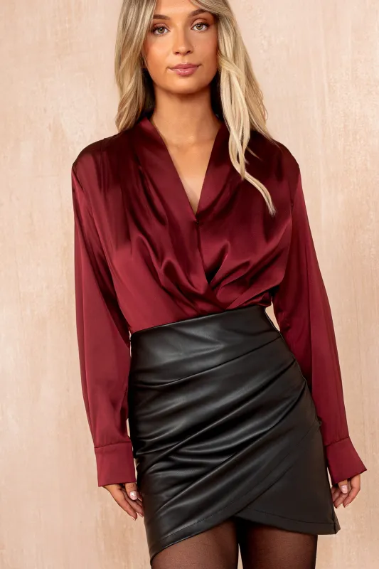 Jolie Wine Satin Wrap Bodysuit sold by Va Va Voom