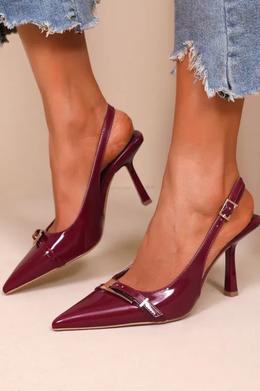 Quill Burgundy Patent Buckle Slingback Heels sold by Vavavoom