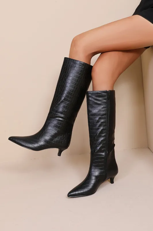 Hailey Black Croc Knee High Boots sold by Va Va Voom