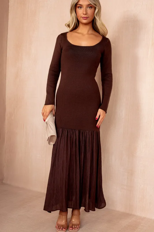 Mariah Chocolate Knit Chiffon Hem Maxi Dress sold by Va Va Voom
