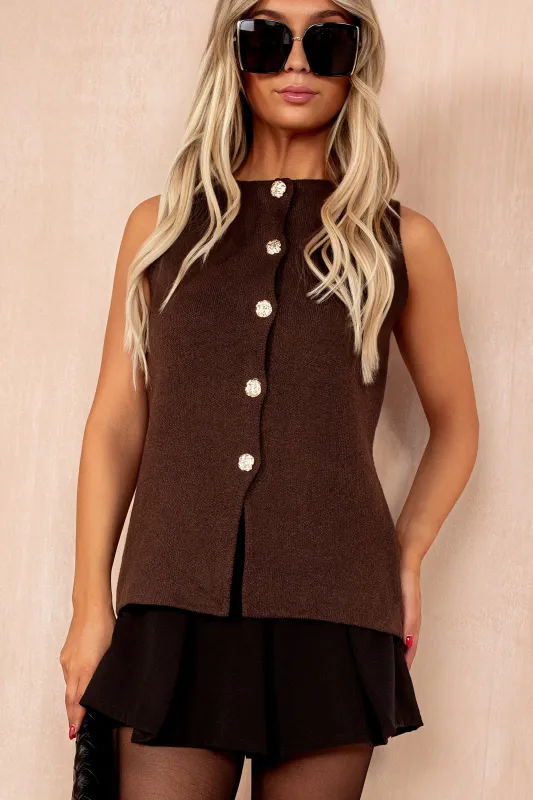 Jessica Chocolate Knit Waistcoat sold by Va Va Voom