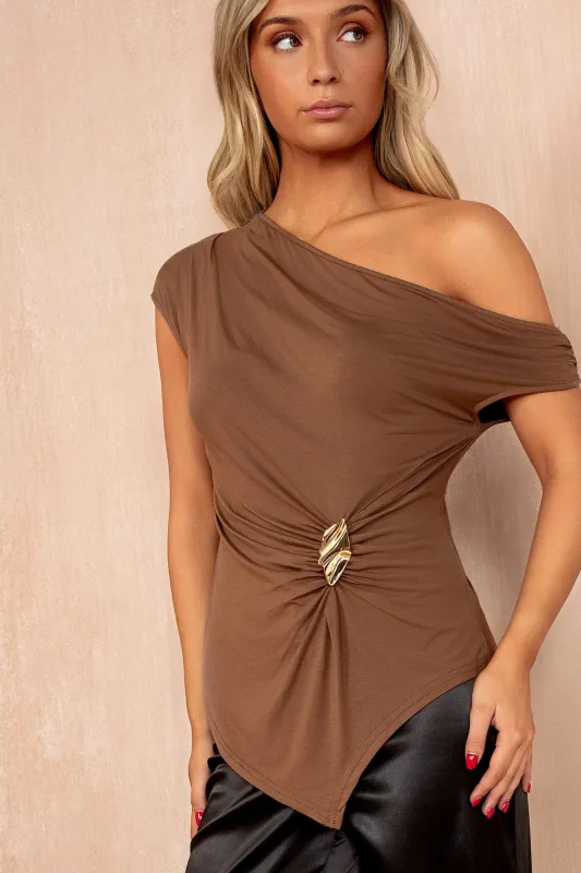 Gretal Camel Slinky Asymmetric Top sold by Va Va Voom