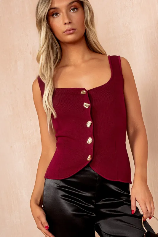 Belen Wine Knit Button Front Top sold by Va Va Voom