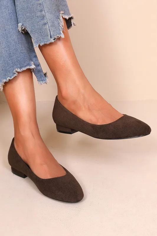 Macie Chocolate Suedette Flat Shoe sold by Va Va Voom