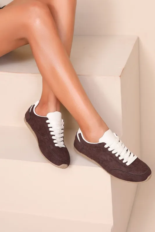 Cazz Chocolate Suedette Trainers sold by Va Va Voom