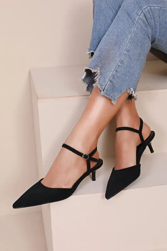 Darlene Black Suedette Kitten Heels sold by Va Va Voom