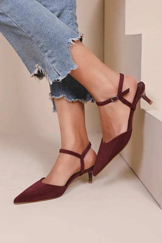 Darlene Wine Suedette Kitten Heels sold by Va Va Voom