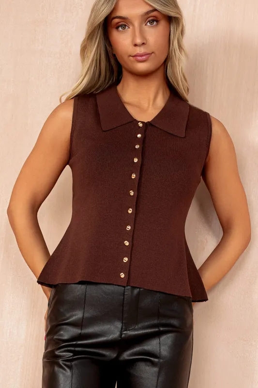 Nancy Chocolate Knit Sleeveless Fitted Top sold by Va Va Voom