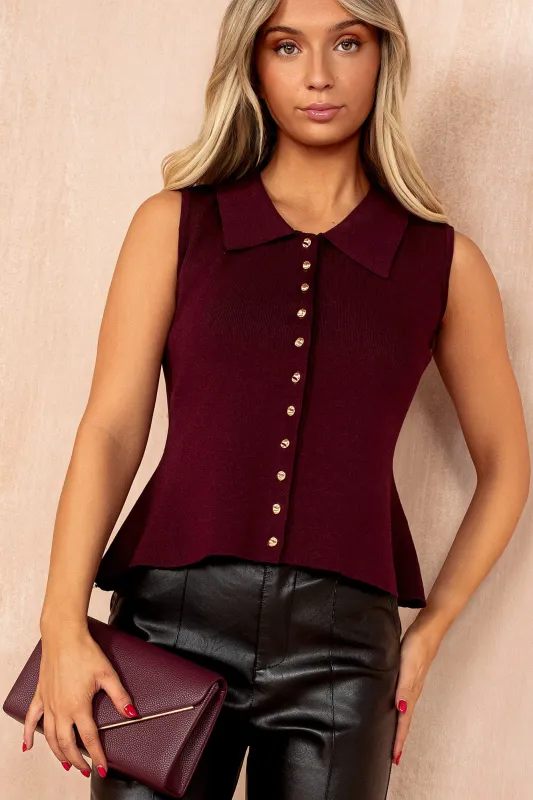 Nancy Burgundy Knit Sleeveless Fitted Top sold by Va Va Voom