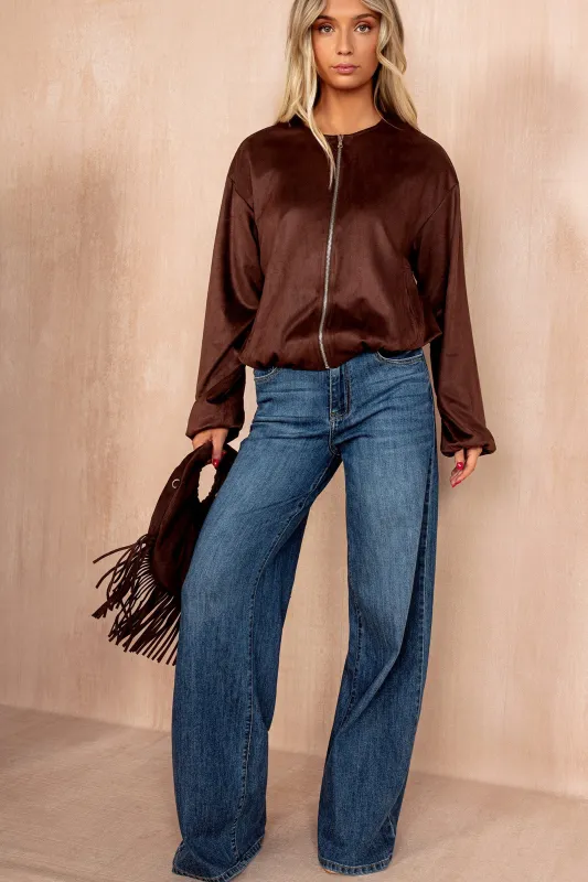 AX Paris Janet Chocolate Faux Suede Bomber Jacket sold by Va Va Voom