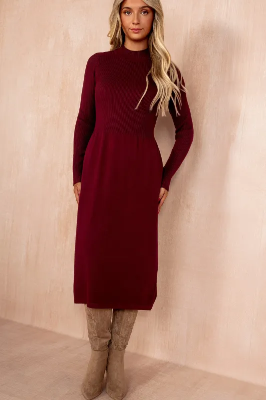 Queeva Burgundy Fine Knit Midi Dress sold by Va Va Voom