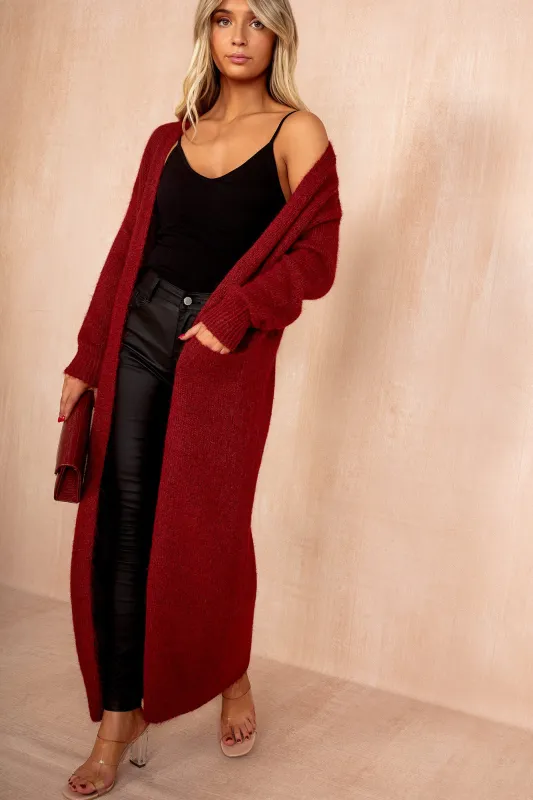 Arya Wine Hairy Knit Long Cardigan sold by Va Va Voom