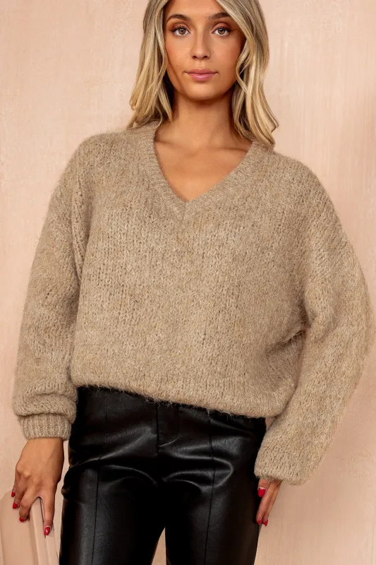 Emmie Camel Hairy Knit V Neck Jumper sold by Va Va Voom